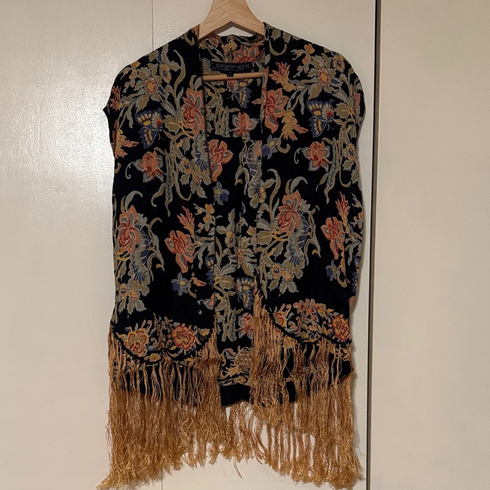 Topshop PETITE Black Floral Fringe Kimono with Rust & Blue Accents